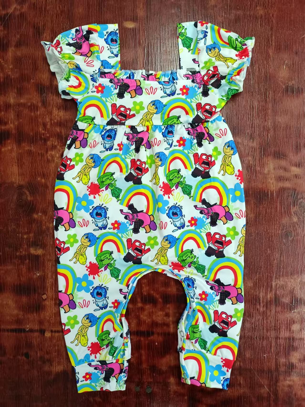 Preorder moq 5 Baby Girls Short Ruffle Sleeves Cartoon Rainbows Pant Rompers