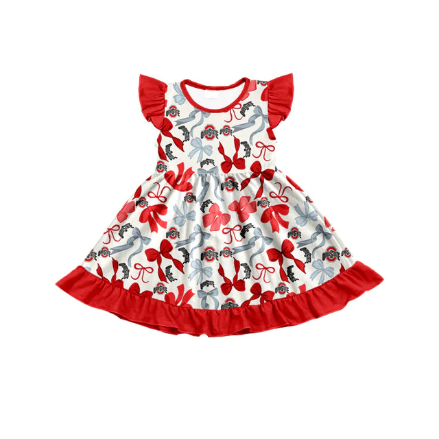 Preorder moq 5 Baby Girls Ohiostate Bows Flutter Sleeve Twirl Dresses