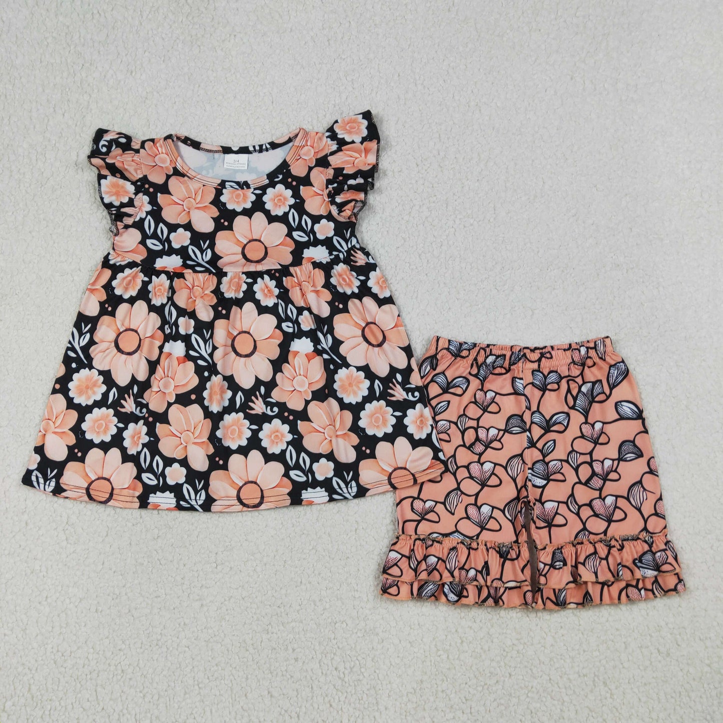 Baby Girls Flutter Sleeve Flowers Plaid Tunic Ruffle Short Clothes Set