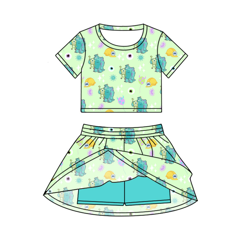 Preorder (moq 5)Baby Girls Green Cartoon Monster Top Skirt Skort Sets