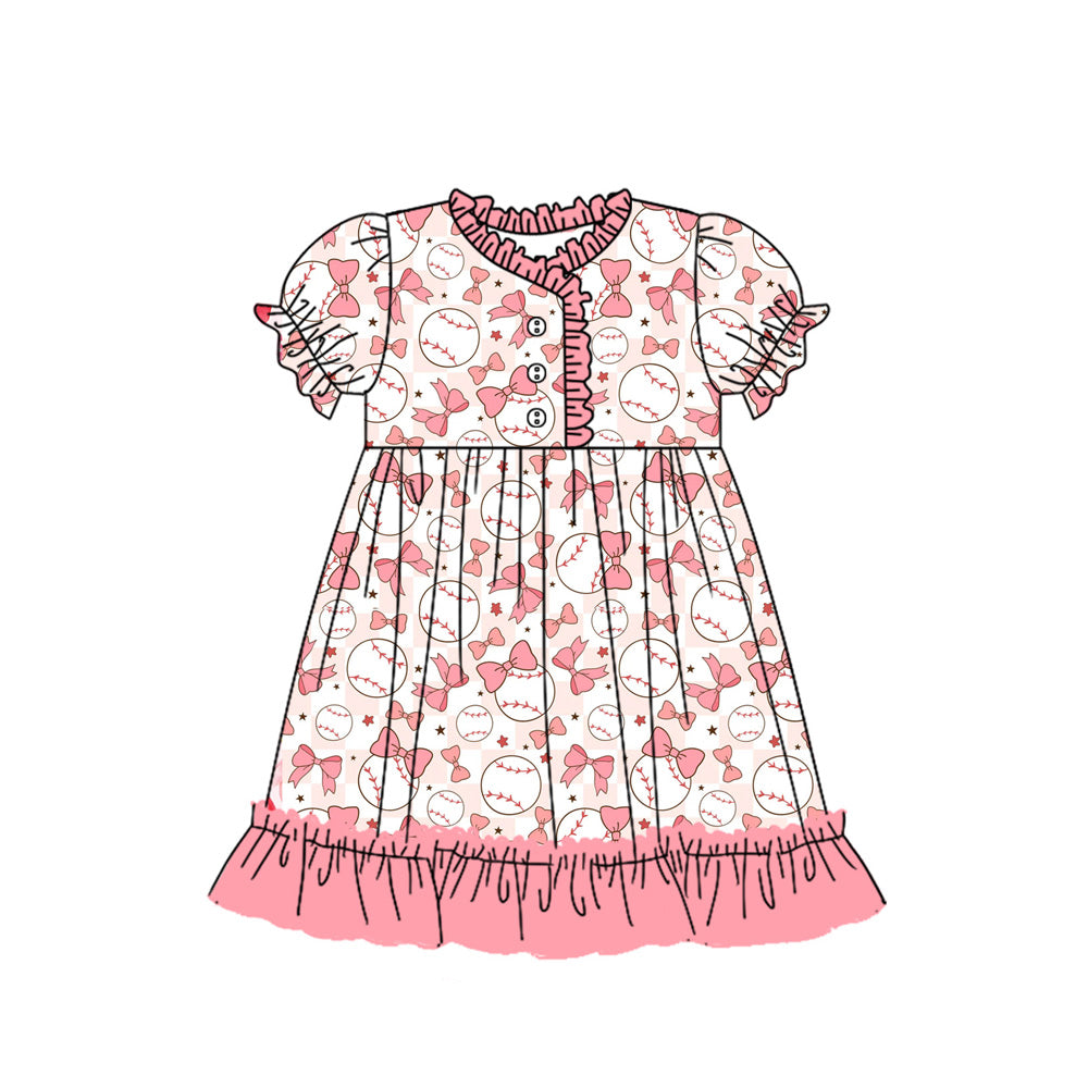 Preorder (moq 5)Baby Girls Pink Baseball Bows Ruffle Knee Length Gowns Dresses