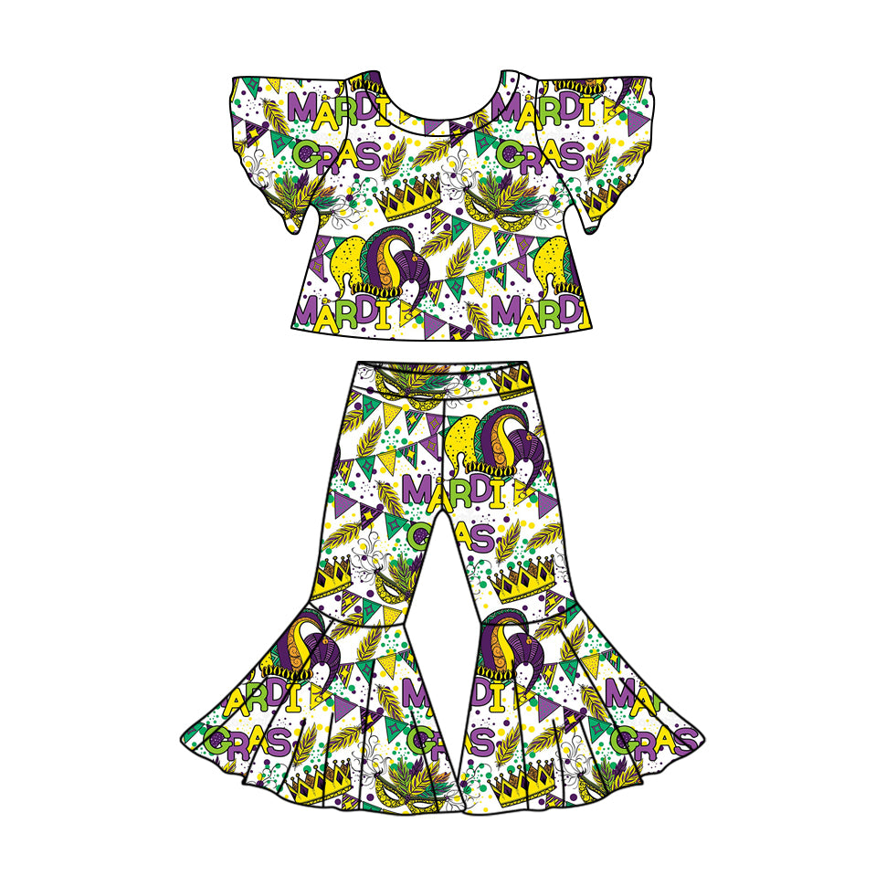 Preorder (moq 5)Baby Girls Mardi Gras Flags Top Bell Bottom Pants Clothes Sets