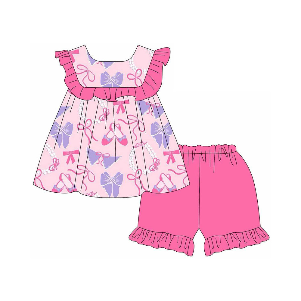 Preorder (moq 5)Baby Girls Pink Ballet Shoes Bows Tunic Ruffle Shorts Clothes Sets