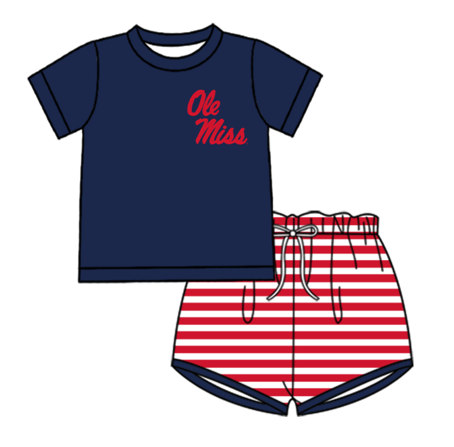 Preorder (moq 5)Baby Boys Ole Miss Top Red Stripe Shorts Team Clothes Sets