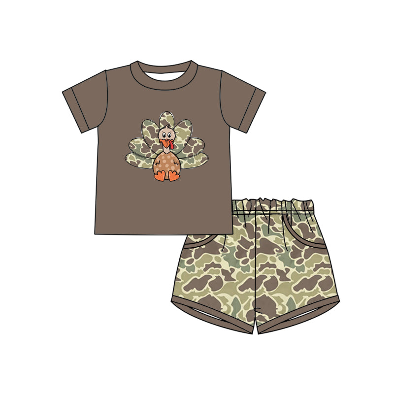 Preorder(moq 5) Baby Boys Brown Thanksgiving Turky camo Top Shorts Outfits Sets