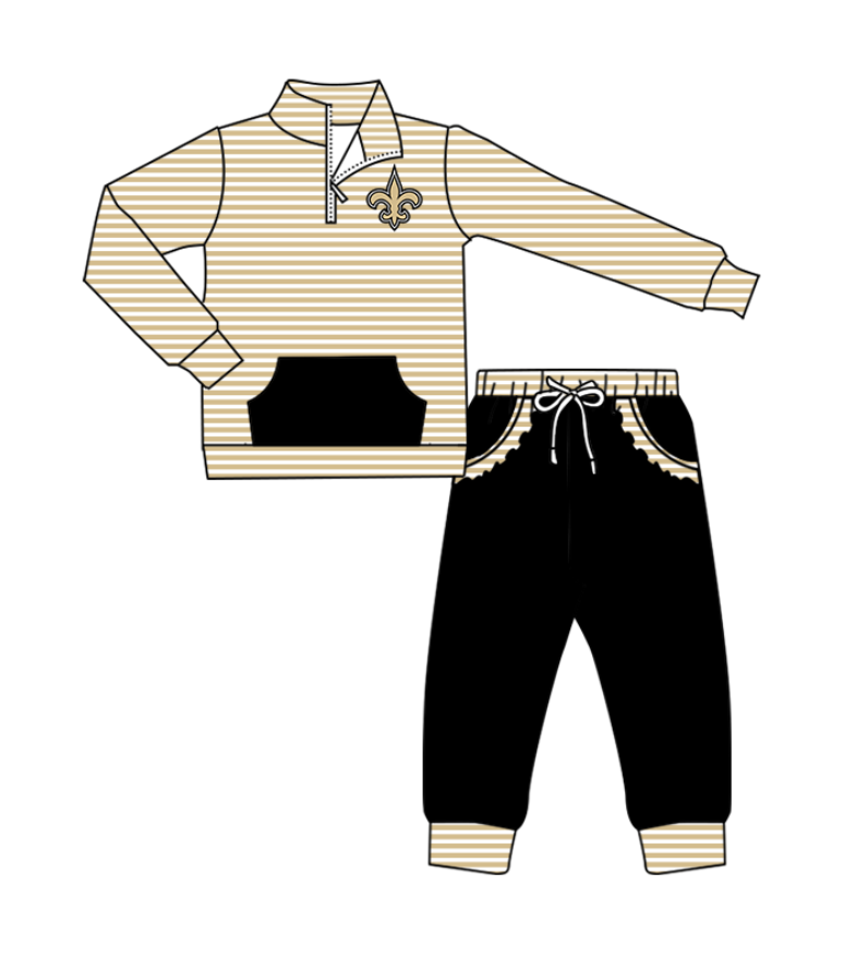 Preorder (moq 5)Baby Girls Gold Stripe Anchors Zip Pullover Pockets Jogger Team Clothes Sets