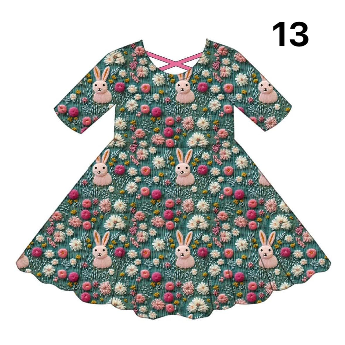 Baby Girls Easter Green Rabbits Flowers Knee Length Dresses Preorder
