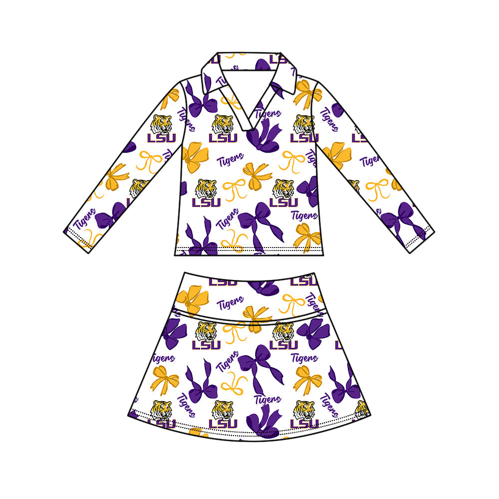 Preorder (moq 5)Baby Girls Bows LSU Tigers Top Skirt Short Team Clothes Set