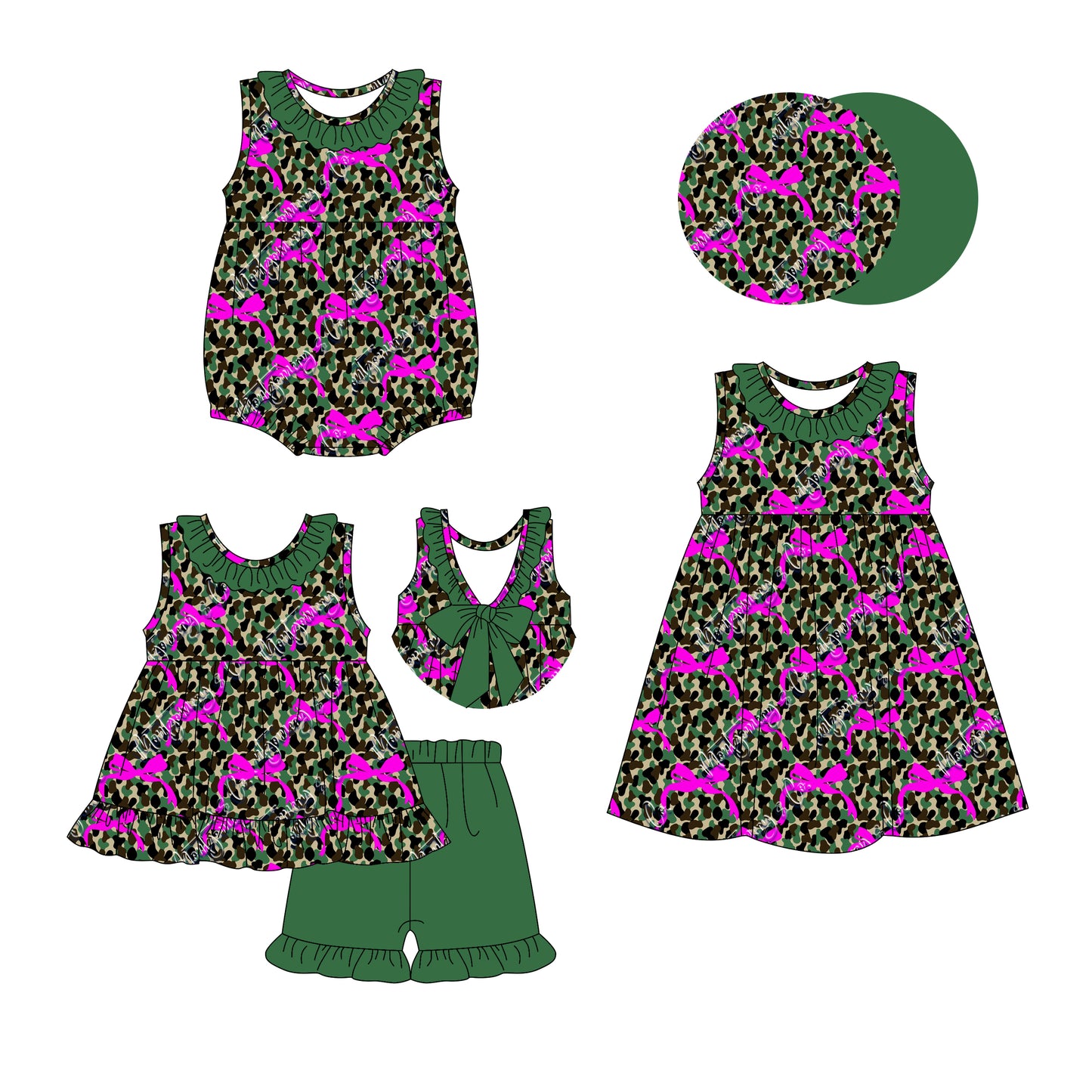 Preorder moq 5 Custom Baby Sleeveless Bows Olive Leopard Tunic Ruffle Short Set Knee Length Dress Rompers