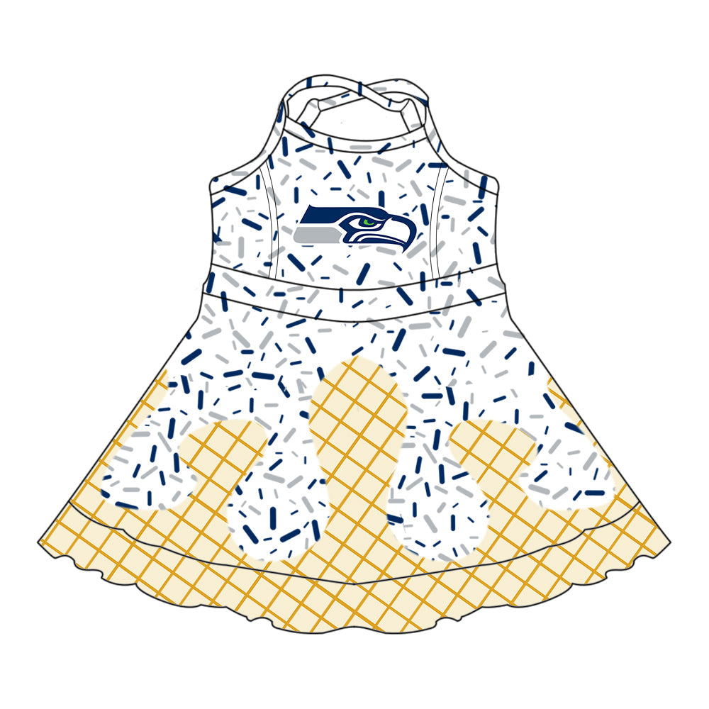 Preorder (moq 5)Baby Girls Drip Sprinkles Seattle Seahawks Team Shorts Ruffle Knee Length Dress