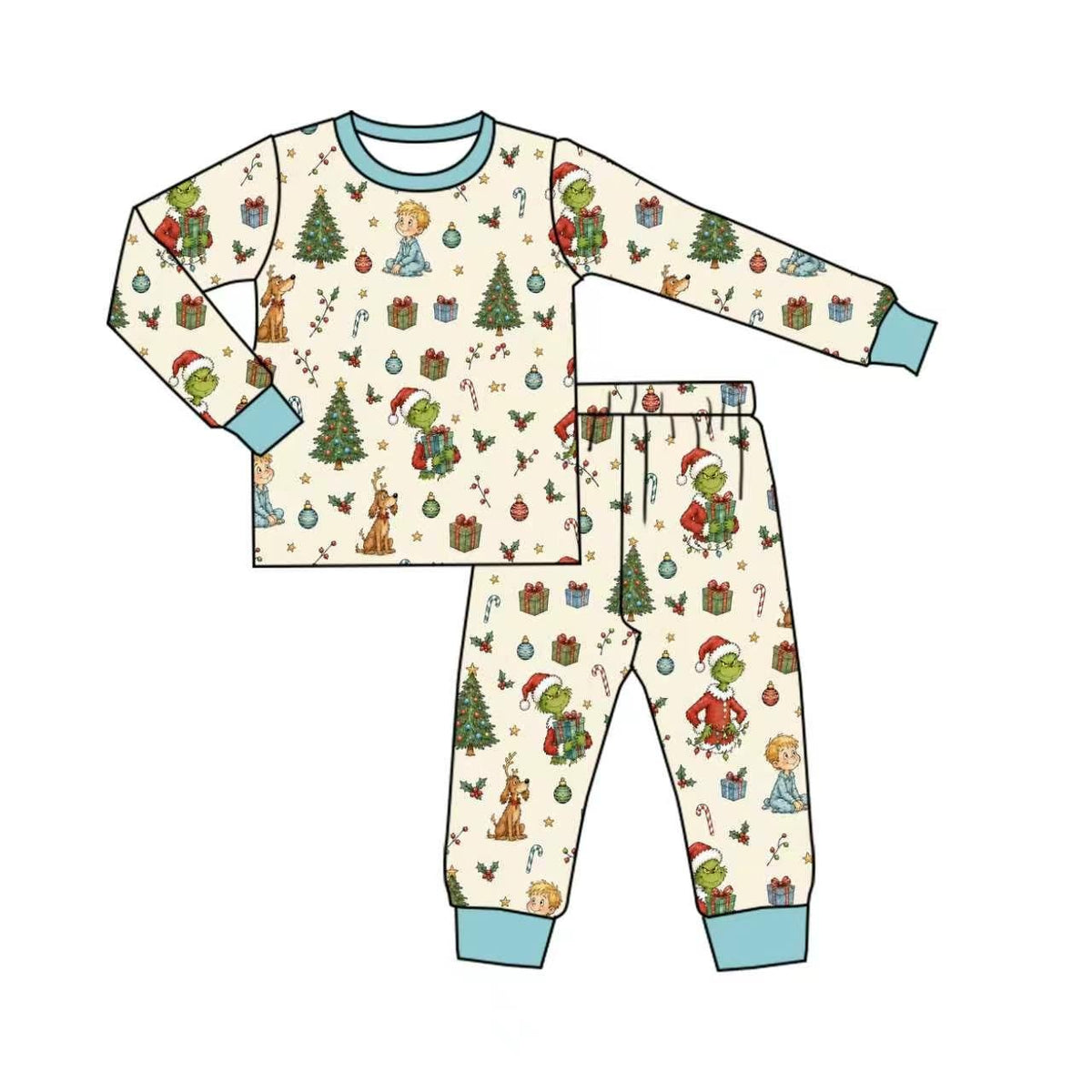 Preorder (moq 20)Baby Boys Bamboo Christmas Tree Cartoon Pants Pajamas Sets