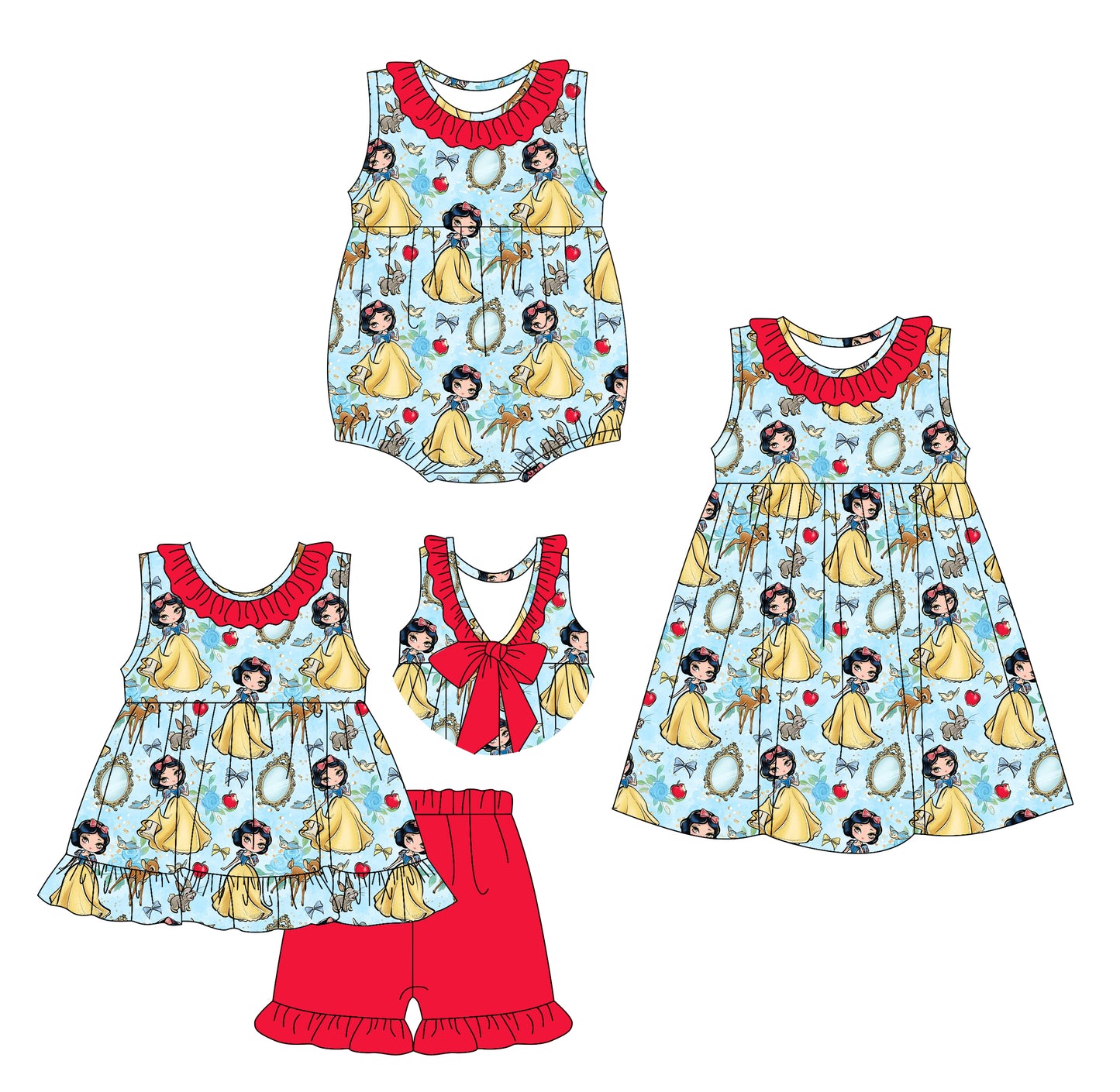 Preorder moq 5 Custom Baby Girls Princess Apples Tunic Red Ruffle Short Sets Knee Length Dress Rompers