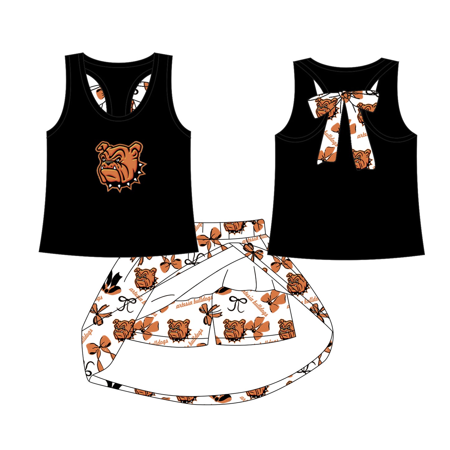 Preorder (moq 5)Baby Girls Black Orange Dog bow vest team Top Skirt Skort Sets