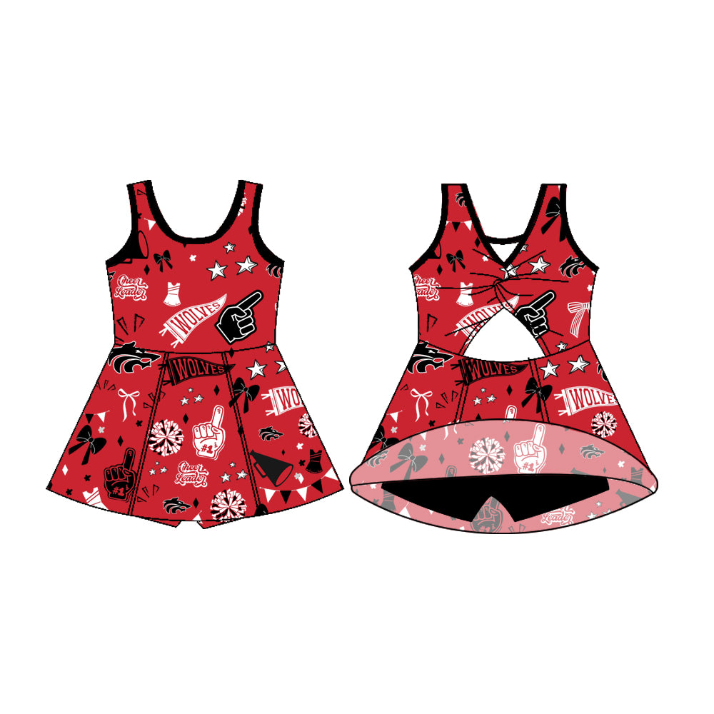Preorder (moq 5)Baby Girls Sleeveless Red Wolves Bows Shorts Team Dresses