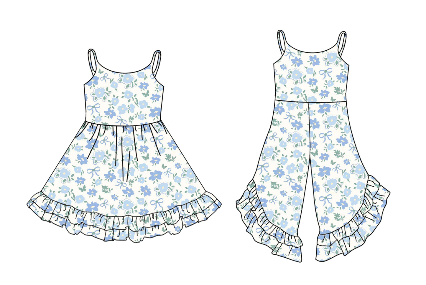 Preorder moq 5 Custom Baby Girls Strap Blue Floral Ruffle Knee Length Dress Jumpsuits