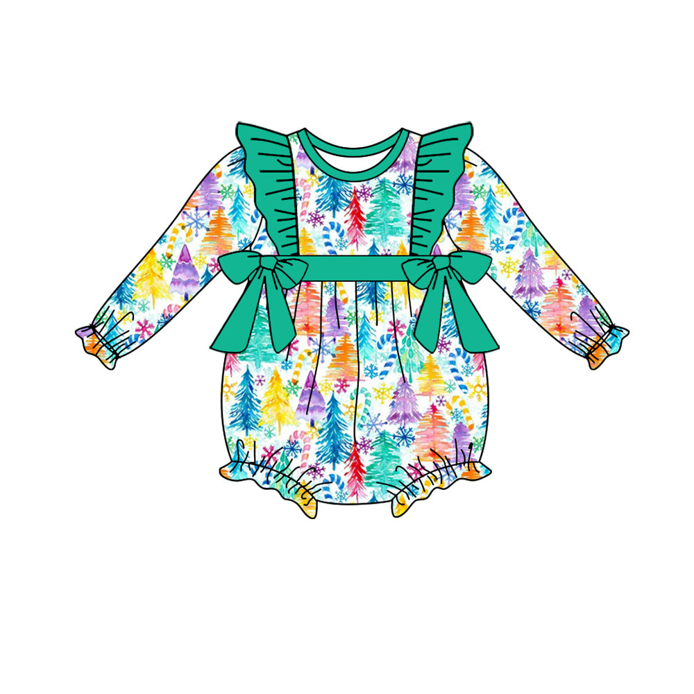 Baby Toddler Girls Christmas Colorful Tree Bows Long Sleeve Rompers preorder(moq 5)