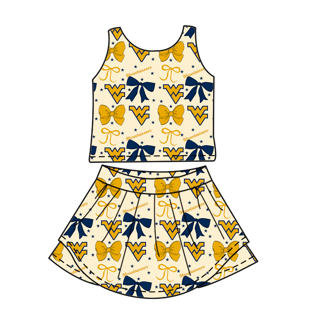 Preorder (moq 5)Baby Girls Sleeveless Mountaineers Bows Top Skorts Team Sets