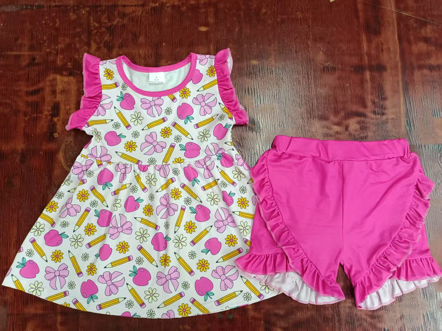Preorder moq 5 Baby Girls Sleeveless Pencils Bows Tunic Pink Ruffle Shorts Back School Set