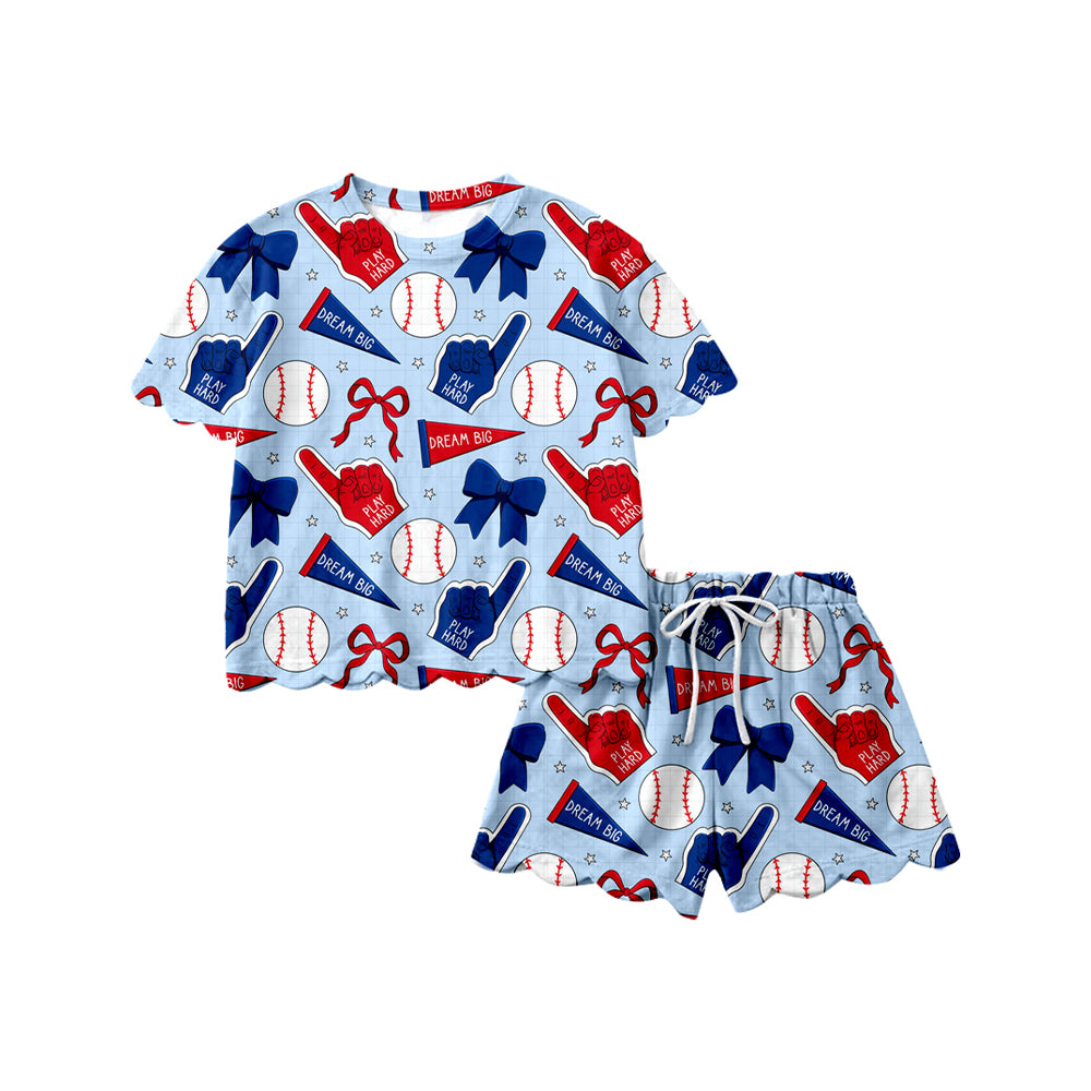 Preorder (moq 5)Baby Girls Bows Baseballs Top Scallop Shorts Team Clothes Sets
