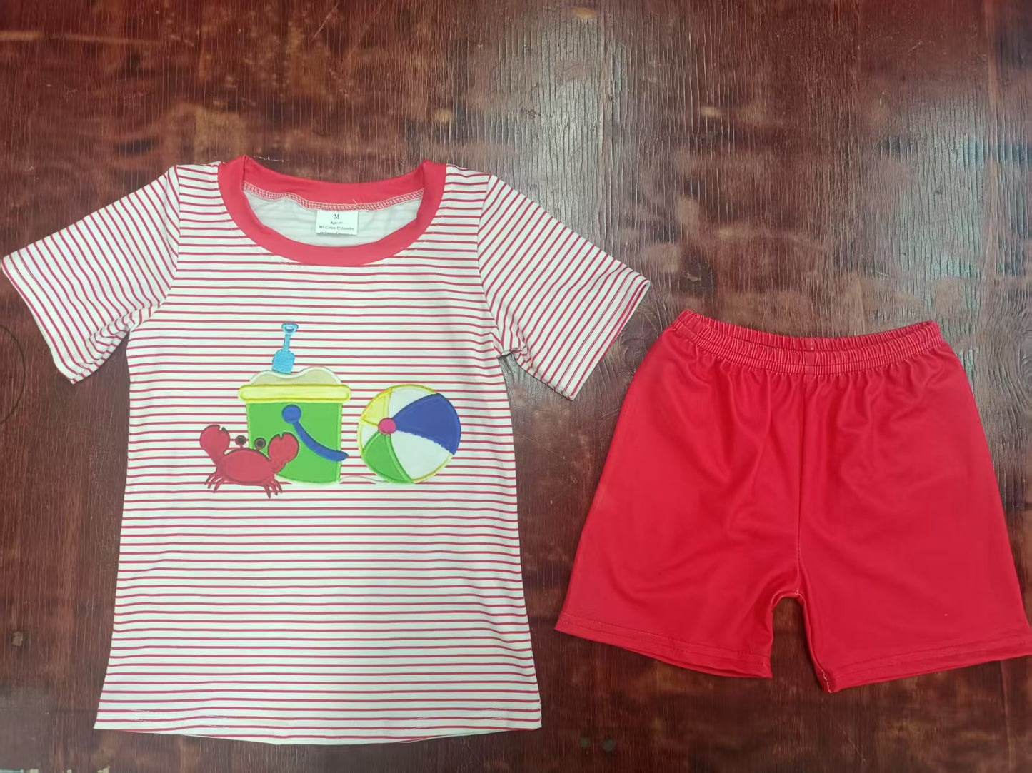 Preorder moq 5 Baby Boys Red Stripe Short Sleeves Crabs Beach Top Short Set
