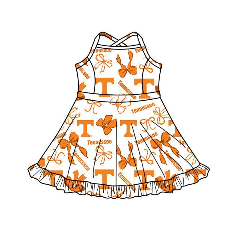 Preorder (moq 5)Baby Girls Strap Orange T Bows Team Shorts Ruffle Knee Length Dresses