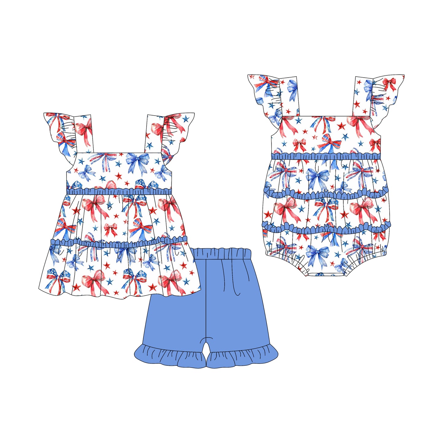 Preorder moq 5 Custom Baby Girls Flutter Sleeves Red Blue Bows Tunic Ruffle Short 4th Of July Set Rompers