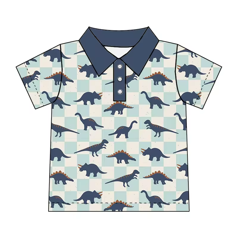 Baby Boys Dinosaurs Checkered Short Sleeve Buttons Top Shirt Preorder(moq 5)