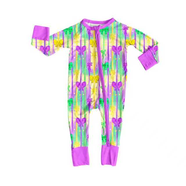 Preorder (moq 20)Baby Girls Bamboo Mardi Gras Camo Bows Stripe Zippy Footie Rompers