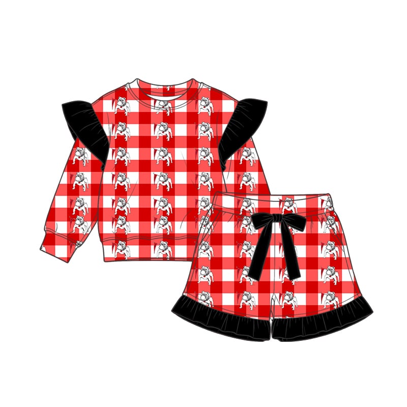 Preorder (moq 5)Baby Girls Red Checkered Bulldog Long Sleeve Top Shorts Team Clothes Sets