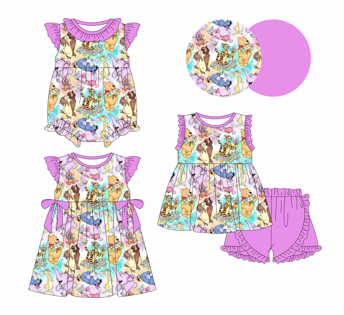 Preorder moq 5 Custom Baby Girls Cartoon Bears Tunic Ruffle Short Set Knee Length Dress Romper