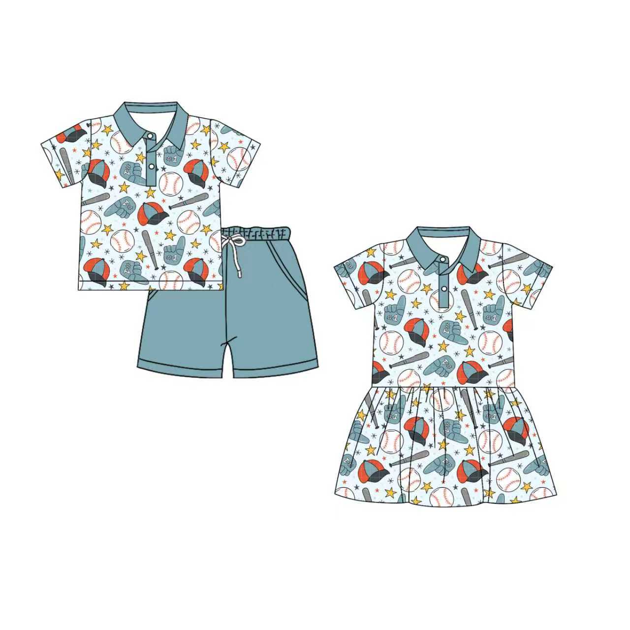 Preorder moq 5 (each item)Baby Boys Girls Stars Baseballs Button Top Pockets Shorts Team Clothes Set Knee Length Dress