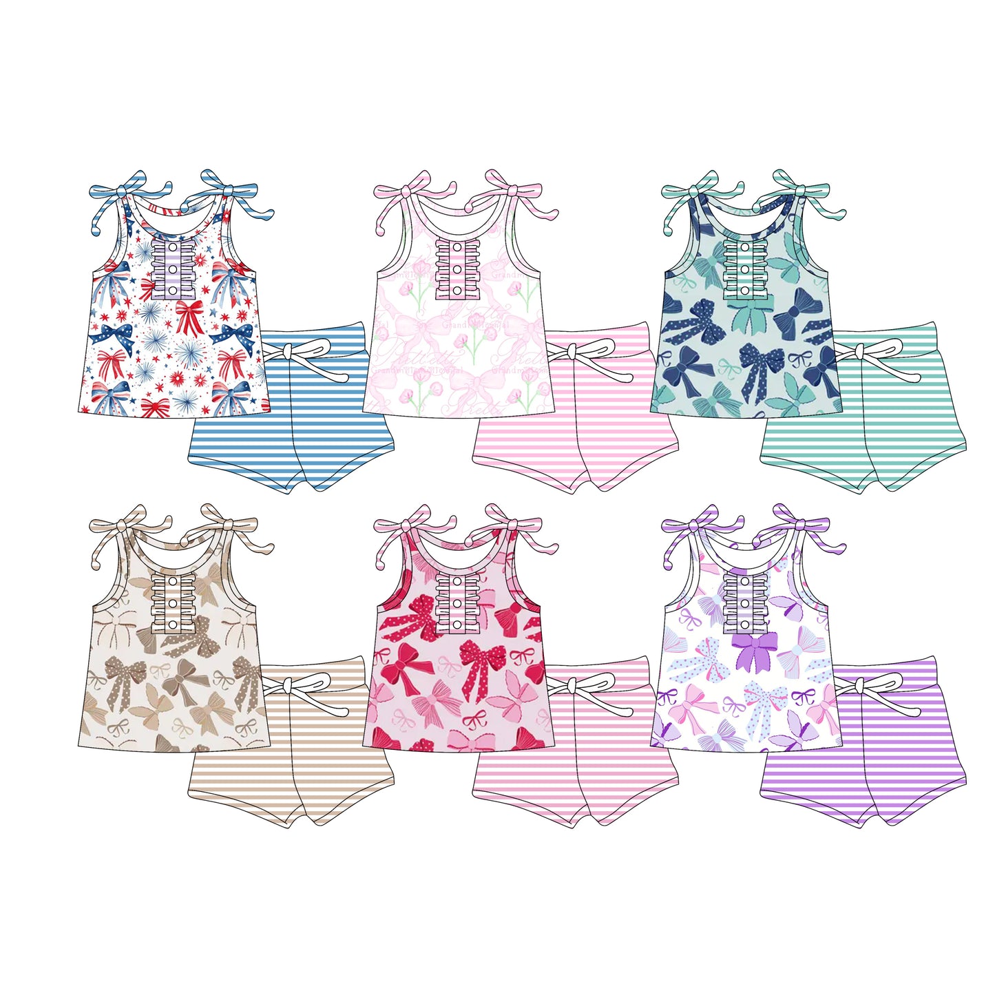 Preorder moq 5 Custom Baby Girls Strap Bows Button Top Stripe Short Sport Clothes Set