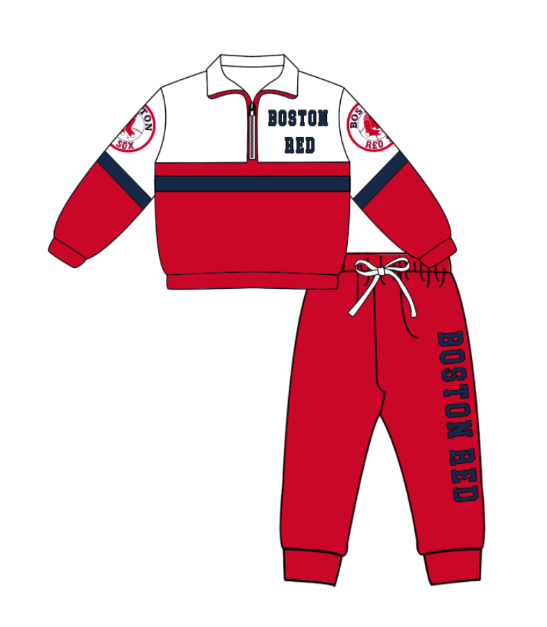 Preorder (moq 5)Baby Boys Boston Red Zipper Pullover Jogger Pants Team Clothes Set