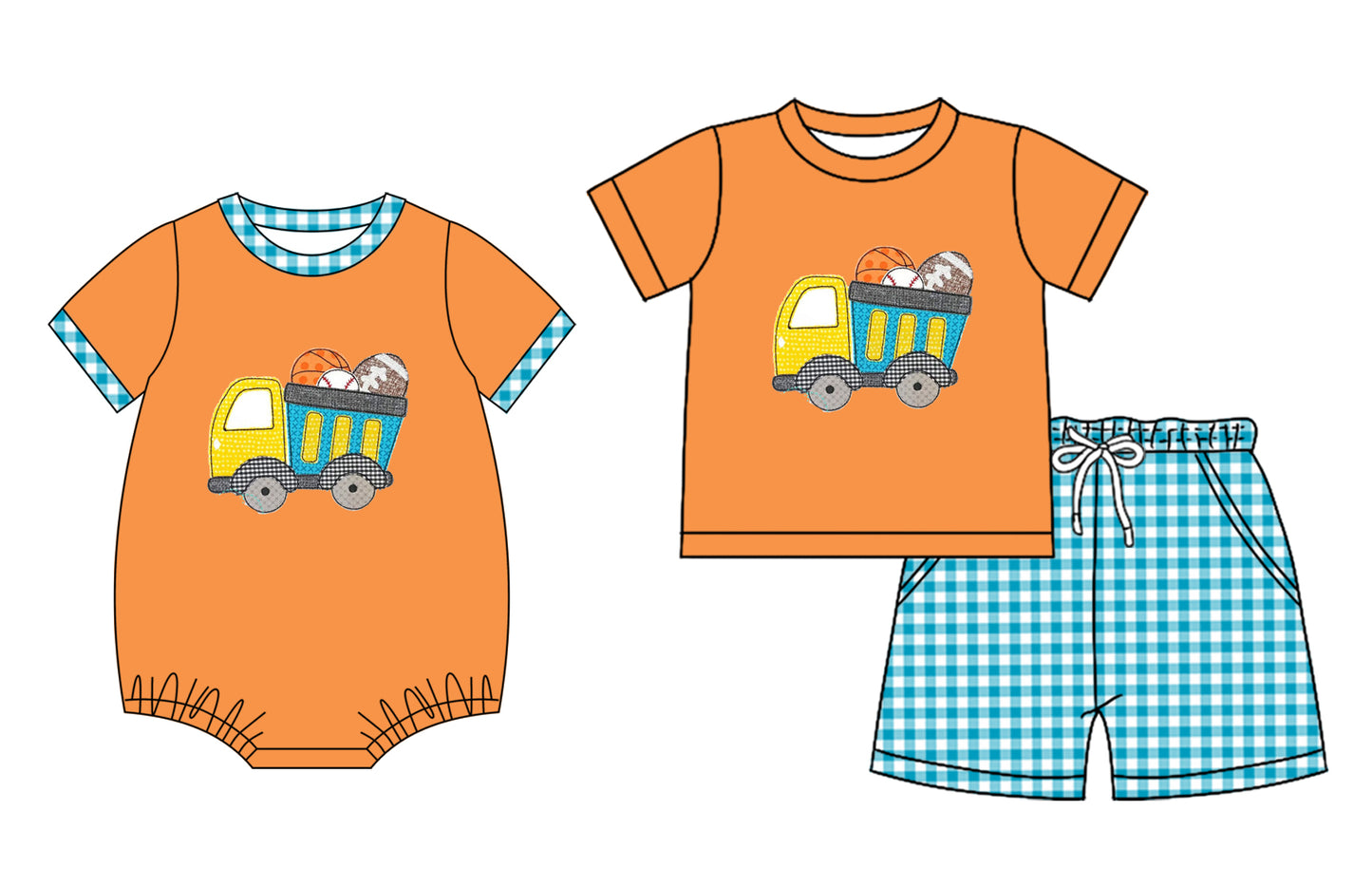 Preorder moq 5 Custom Baby Boys Orange Short Sleeves Football Trucks Top Plaid Short Set Rompers