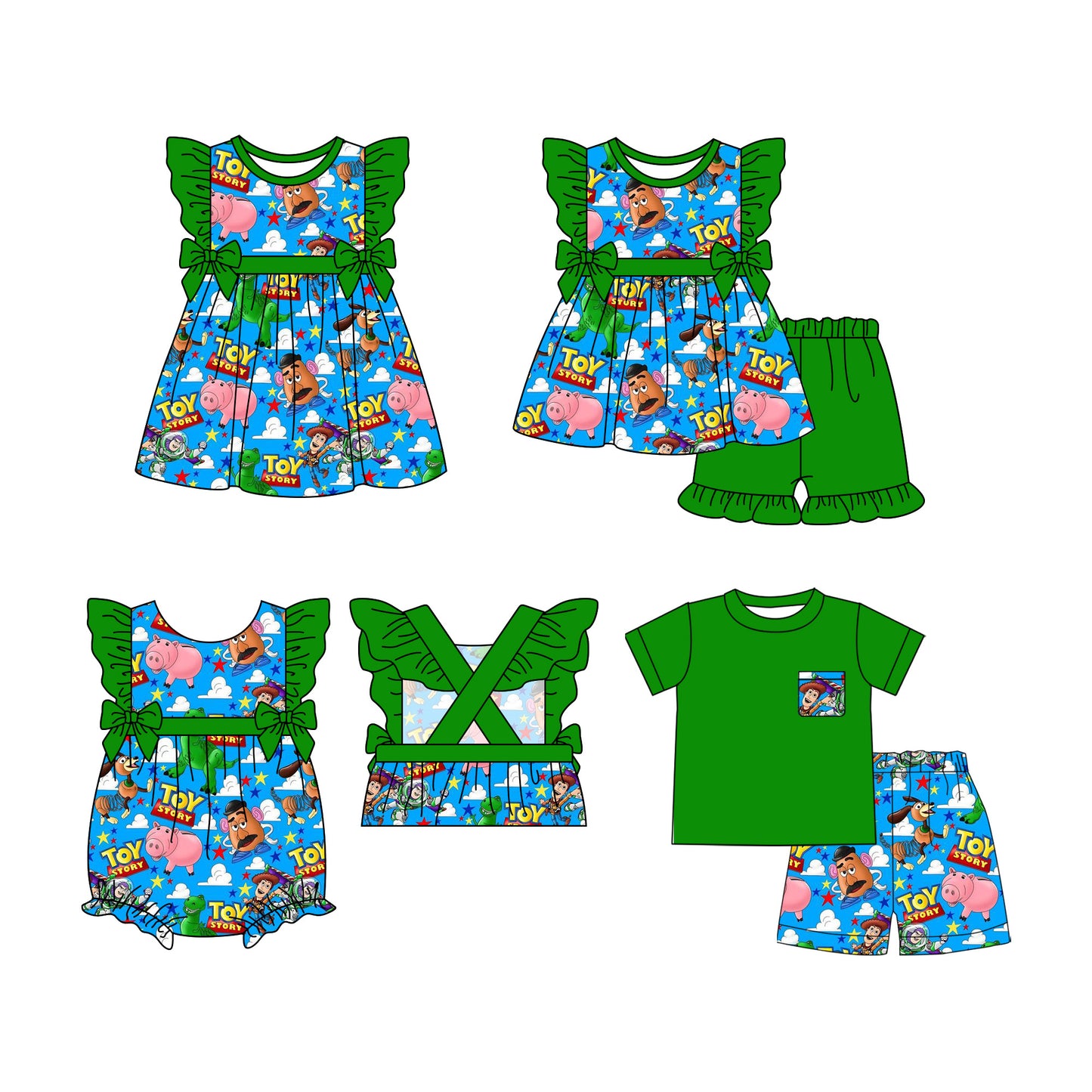 Preorder moq 5 Custom Baby Girls Cartoon Toy Tunic Dark Green Ruffle Short Sets Knee Length Dress Rompers
