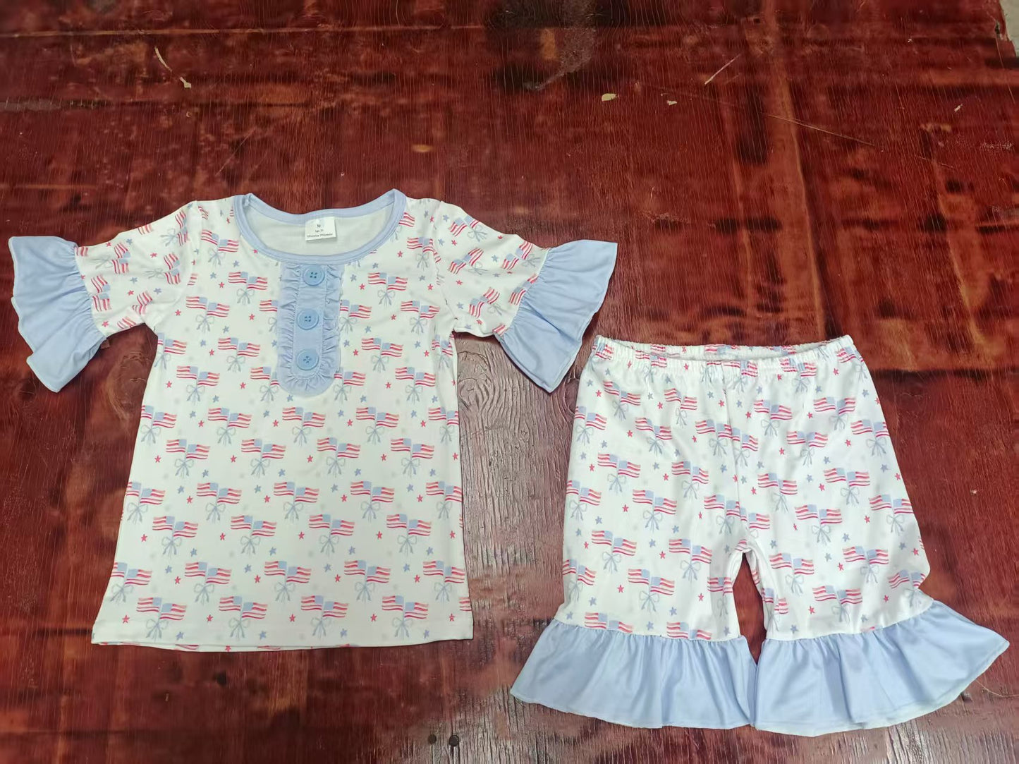 Preorder moq 5 Baby Girls Short Ruffle Sleeves Button Flags Bows Top Short 4th Of July Pajamas Set