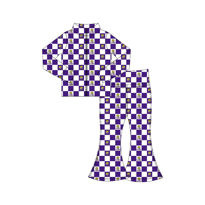 Preorder (moq 5) Baby Girls Louisiana Purple Checked Zip Jacket Bell Bottom Team Yoga Clothes Set