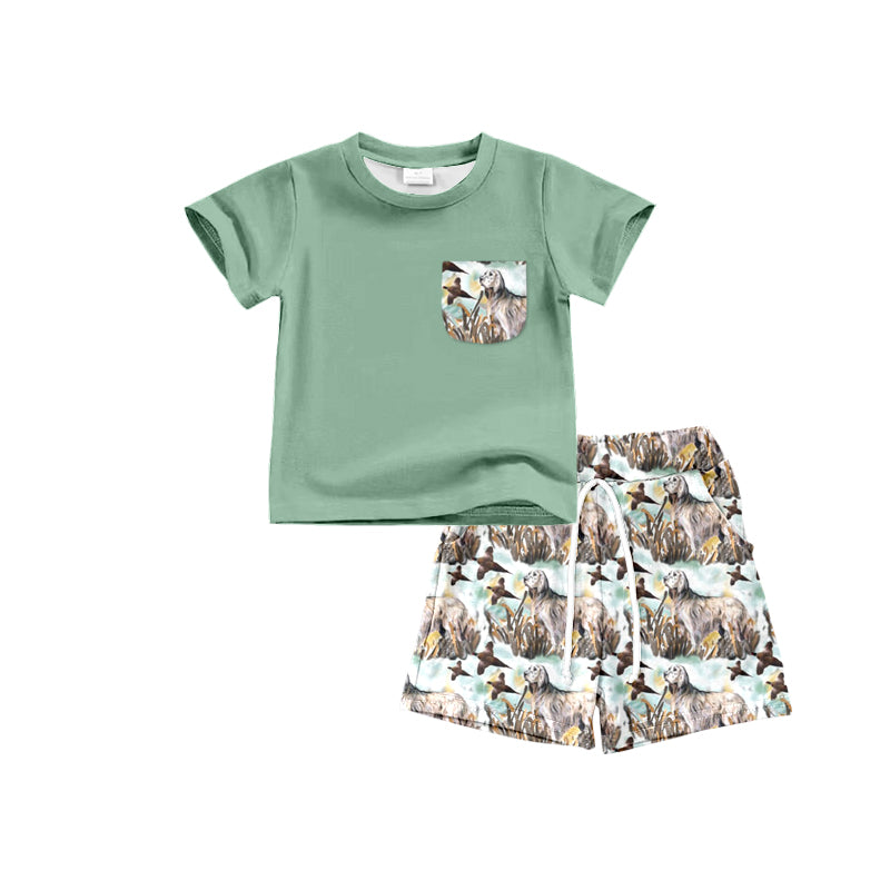 Baby Boys Green Pocket Shirt Dog Hunting Shorts Clothes Sets preorder (moq 5)