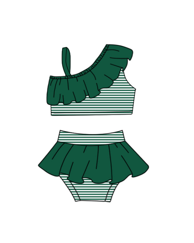 Preorder moq 5 Baby Girls Green Stripe Strap Vest Top Bummies Short Team Swimsuits