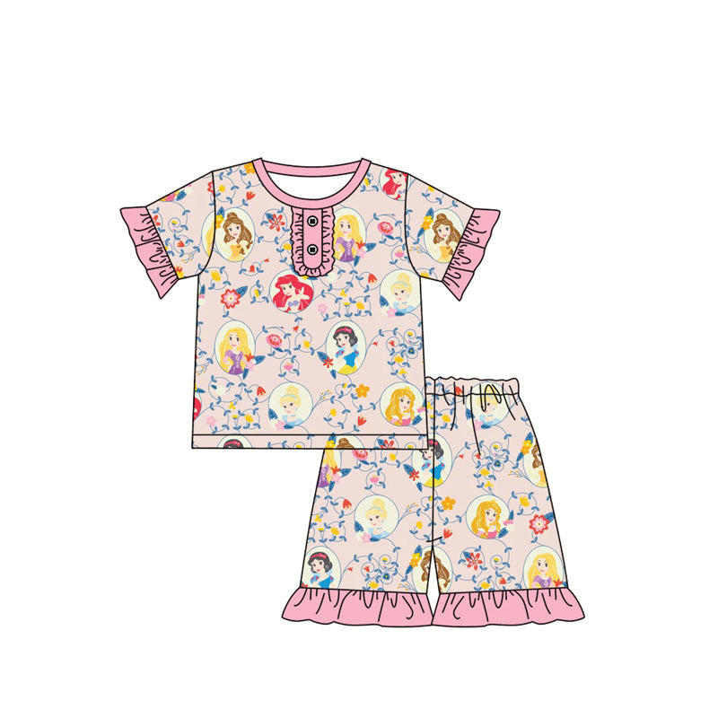 Preorder (moq 5)Baby Girls Princess Shirt Top Ruffle Shorts Pajamas Clothes Sets