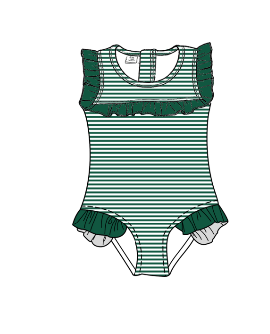 Preorder moq 5 Baby Girls Sleeveless Green Stripe Team Swimsuits