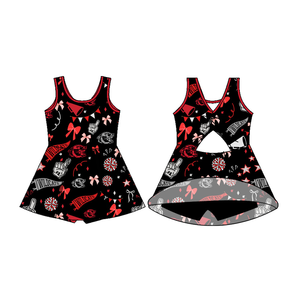 Preorder (moq 5)Baby Girls Sleeveless Black Wildcats Bows Shorts Team Dresses
