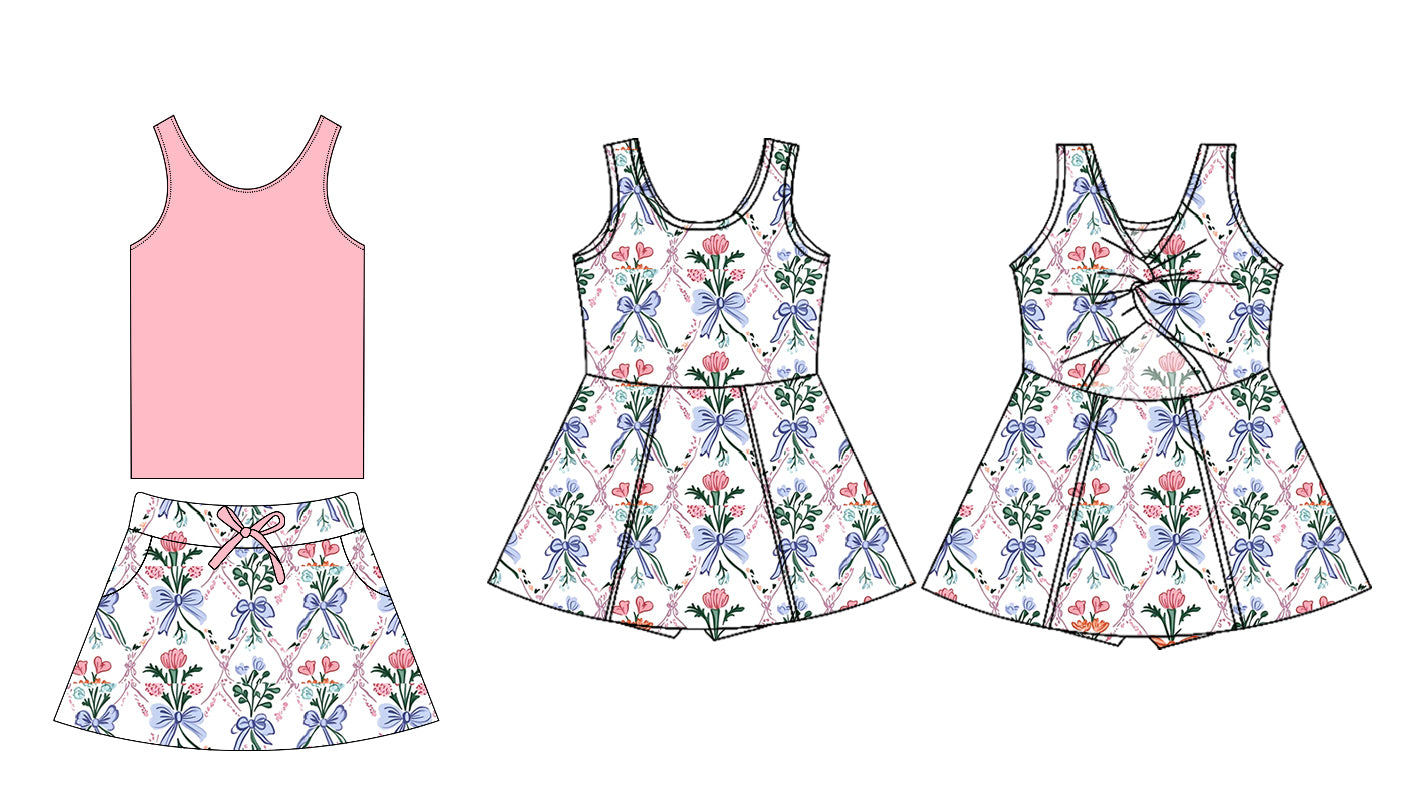 Preorder moq 5 Custom Baby Girls Pink Sleeveless Top Bows Floral Pockets Skort Yoga Set Knee Length Dress