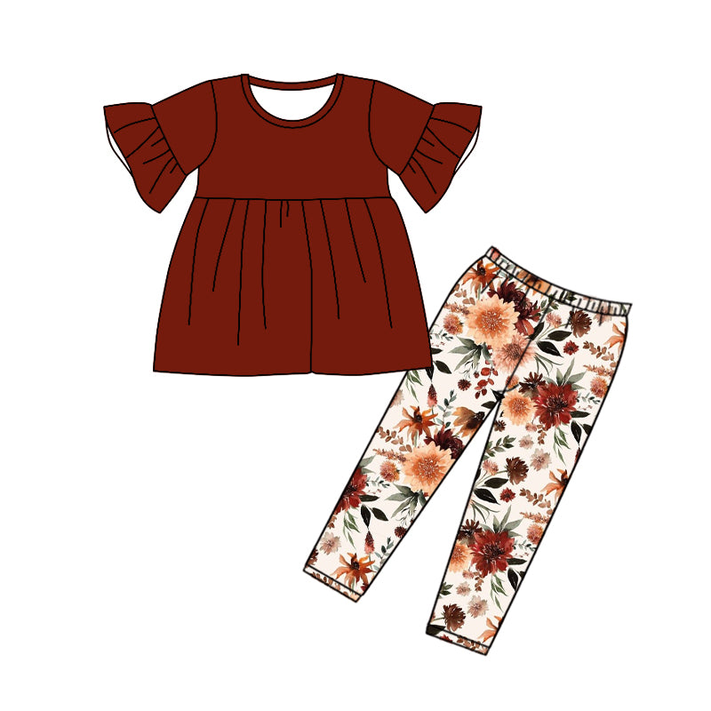 Baby Girls Wine Tunic Dark Flowers Pants Clothes Sets Preorder(moq 5)
