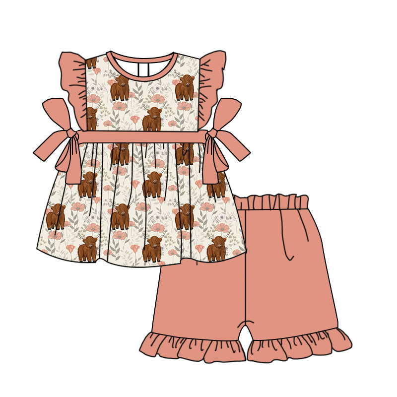 Baby Girls Highland Cow Bows Top Ruffle Shorts Clothes Sets preorder(moq 5)