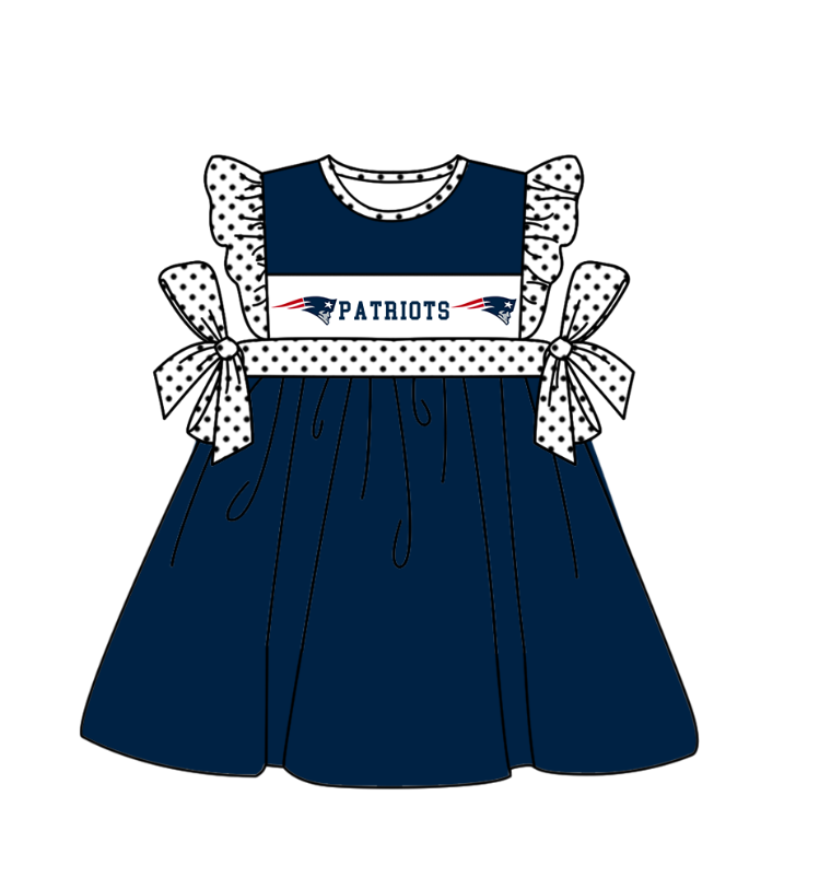 Preorder (moq 5)Baby Girls Flutter Sleeve Patriots Polka Dots Team Knee Length Dresses