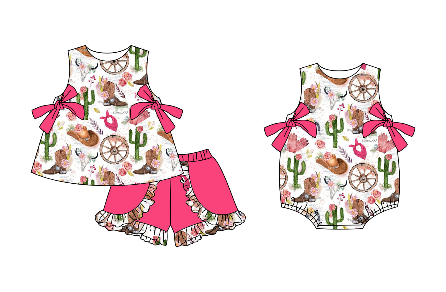 Preorder moq 5 Custom Baby Girls Sleeveless Hats Cactus Bows Tunic Pink Ruffle Short Set Rompers