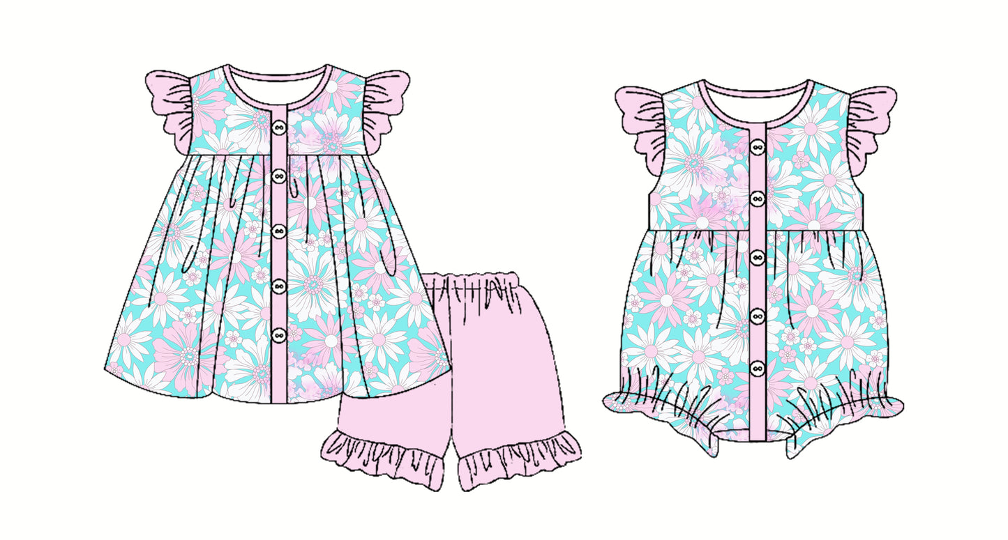 Preorder moq 5 Custom Baby Girls Pink Floral Button Tunic Ruffle Short Set Rompers