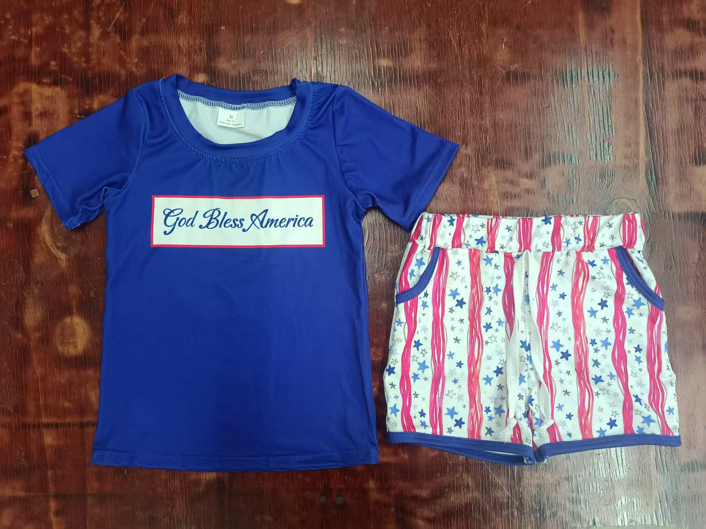 Preorder moq 5 Baby Boys Hot Blue God Bless America Top Stars Pockets Short 4th Of July Set