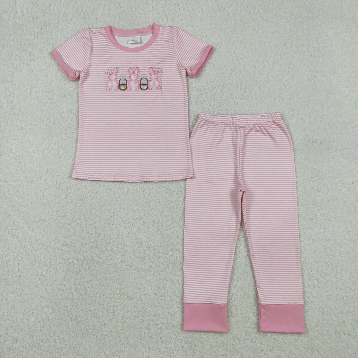 Embroidery Rabbits Eggs Baby Girls Pink Stripe Top Pants Easter Pajamas Sets